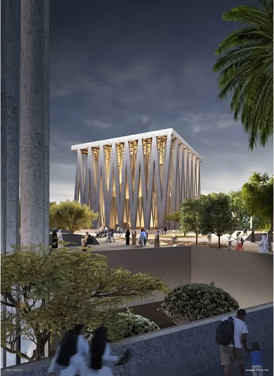 Abrahamic Family House architecture at dusk in Abu Dhabi