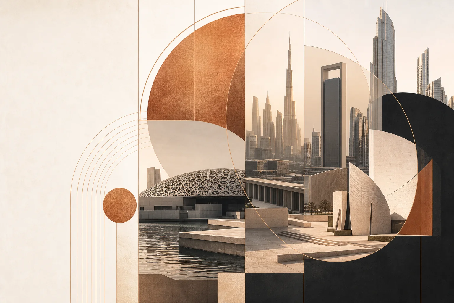 UAE architectural collage with the Dubai skyline and contemporary cultural landmarks