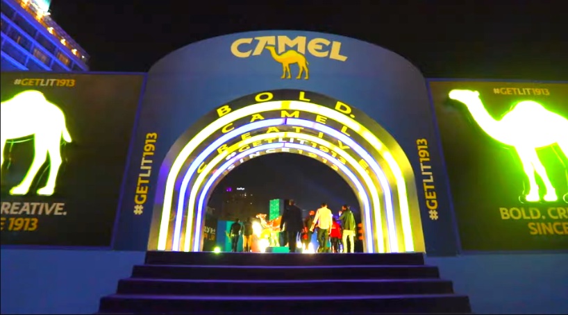 Brand activation arch at night