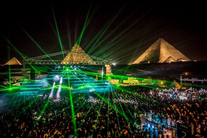Concert with lasers in front of the Giza pyramids