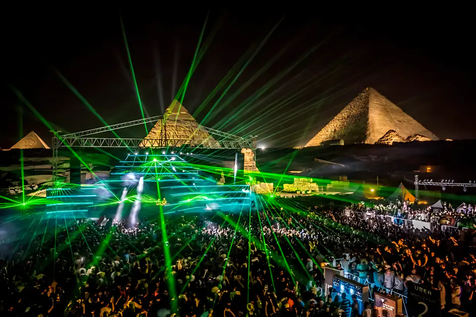 Concert lasers over the Giza plateau at night in Egypt