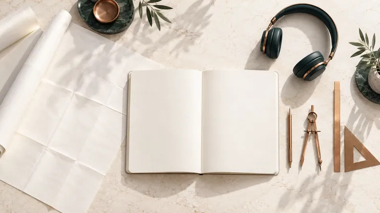 Concept illustration: a notebook and headphones on a light desk